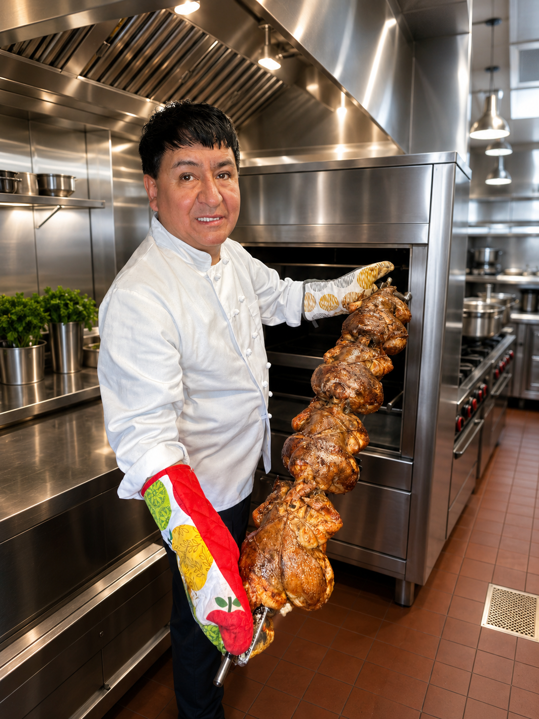 Chef Jesús with charcoal pollo a la brasa at El Kiosco